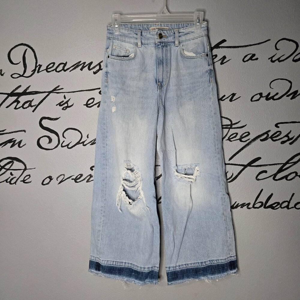 Zara Basic Z1975 Distressed Wide Leg Cropped Jeans, 2 US 24 Mex 34 Eur
